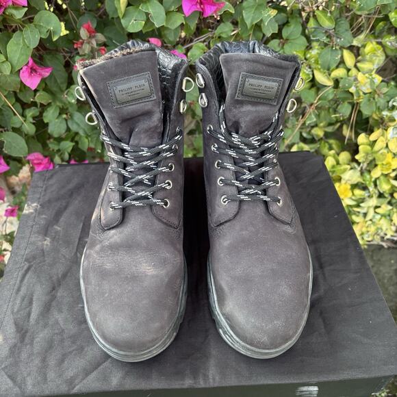 Philipp Plein Suede Leather Fur Lined Boots Croc Embossed Black Sz 41 main image 8